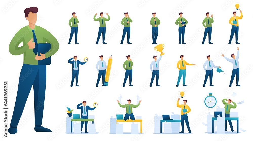 Poster set of businessman. presentation in various in various poses and actions. 2d flat character vector i