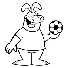 Black and white cartoon illustration of Dog wearing soccer ball jersey and holding a soccer ball, best for coloring book of children