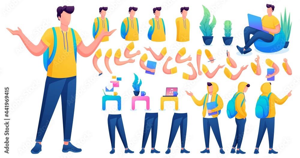 Poster constructor for creating a young men. create your own young men character with a set of hands and fe