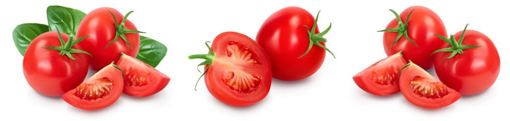 Tomato with slices isolated on white background with clipping path and full depth of field. Set or...