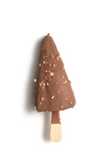 Closeup of chocolate ice cream on white background