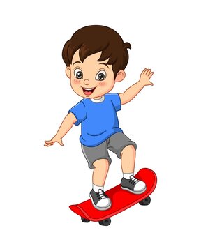 Happy little boy playing skateboard