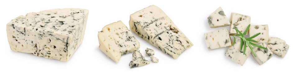 Blue cheese with rosemary isolated on white background with full depth of field. Set or collection