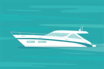 Modern speed yacht in ocean, sea. Summer vacation seaside concept. Vector stock illustration for advertisement beach party or travel agency, yachting club, racing, marine. 