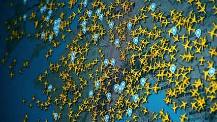 Airplane traffic over the map of Europe
