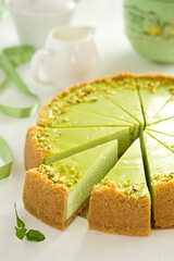 Pistachio Cheesecake. Homemade baking. Selective focus