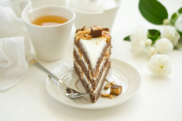 A piece of chocolate cake. Selective focus.