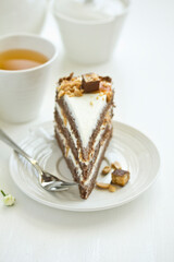 A piece of chocolate cake. Selective focus.