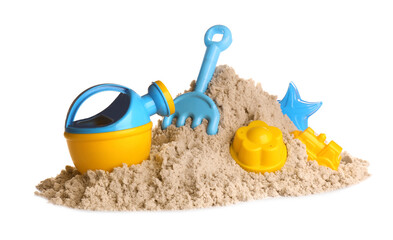 Fototapeta na wymiar Plastic beach toys on pile of sand against white background. Outdoor play