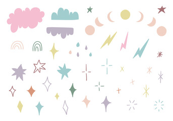 Set of hand-drawn doodle illustrations - stars, clouds, moons, rainbows, lightnings. Collection of cute  symbols in pastel colors. Vector isolated on white background. 