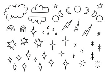 Hand-drawn doodle illustration - set of stars, clouds, moons, rainbows, lightnings. Collection of cute black vector symbols isolated on white background. 