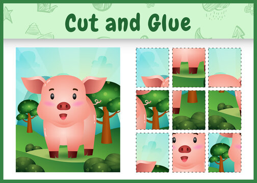 Children board game cut and glue with a cute pig