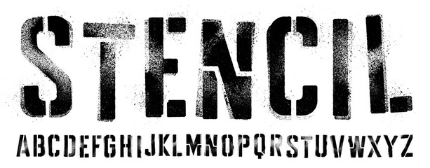 Stencil font with spray paint texture with mis-printed overspray. Highly detailed vector textures taken from high res scans. Compound path and optimised. Original design font - obrazy, fototapety, plakaty