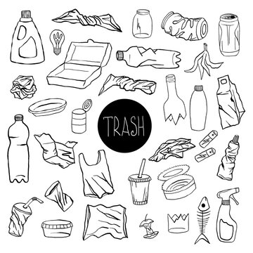 Outline set of hand-drawn doodle icons plastic pollution. Vector elements with crumpled plastic cups, package disposal waste, bottle and other trash. Symbol collection of problem globe pollution