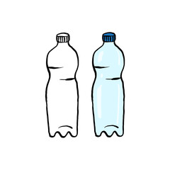 Outline and colorful element plastic pollution. Crumpled plastic bottle. Symbol of problem globe pollution. Cartoon hand-drawing style. Garbage and trash object.