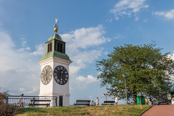 Novi Sad, Serbia - June 9, 2021: Clock tower on Petrovaradin fortress in Novi Sad, Serbia