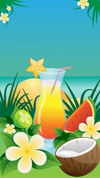 juicy tropical fruit background watwrmelon guava carambolo coconut orchid and tropic cicktail on the beach colorful vector illustration