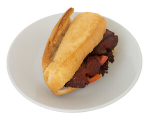 sausage between bread isolated on a white background