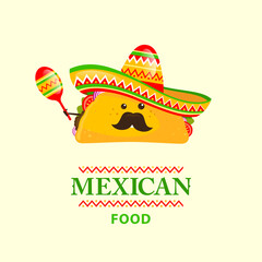 Cartoon tacos with a mustache in a Mexican hat and maracas in hand. The concept of Mexican food, food. Vector, illustration