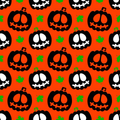 Cheerful black pumpkins with green leaves on an orange background. Seamless pattern for t-shirts or packaging for the holiday Halloween. Vector, illustration