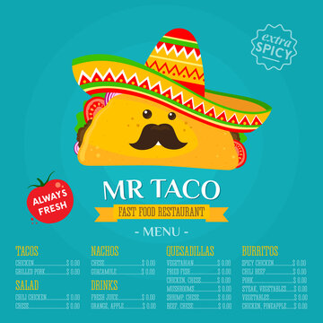 Cartoon Mr. Tacos with a mustache in a Mexican hat and a maracas in his hand. Mexican food menu concept, food. Vector, illustration