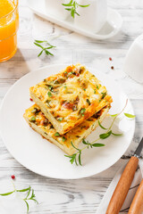 Portion of Homemade Spaghetti Breakfast Casserole.