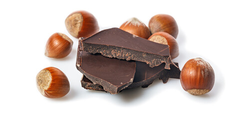Food banner. Nuts and and dark chocolate on a white background. Ripe wild hazelnuts and bitter chocolate. Natural organic products. Copy space. Place for text.