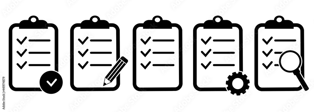 Poster clipboard icon. checklist with gear, checkmarks, magnifier and pencil. quality check line sign. chec
