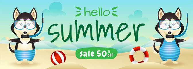 summer sale banner with a cute husky dog couple using snorkeling costume in beach