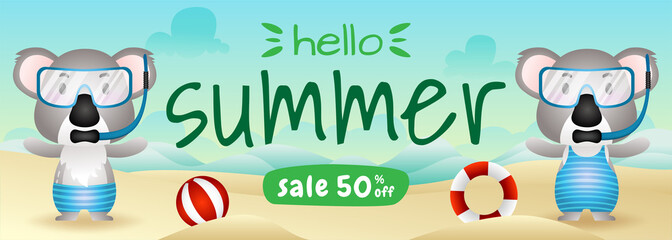 summer sale banner with a cute koala couple using snorkeling costume in beach © riko_design