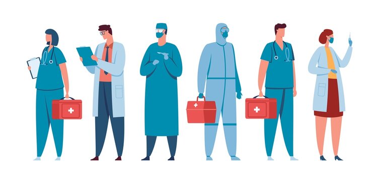 Healthcare workers. Medical team of doctors, nurses, surgeons, physicians in medic uniform. Hospital staff standing together vector concept. Teamwork with first aid kit during pandemic