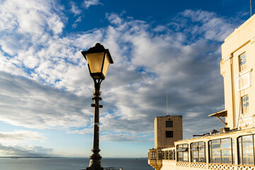 Side of the Lacerda Elevator in Salvador, Bahia, Brazil. The elevator is a famous tourist spot and...