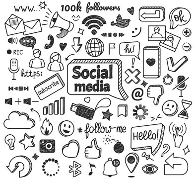 Social media doodles. Hand drawn internet and network sketch symbols. Digital marketing, blogging, online communication doodle sign vector set. Message or chat icons with sta, cloud, smile