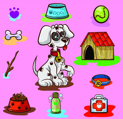 Cute Puppy Collection with its little accessories.vector
with its accessories the cute little puppy plays happily.
Water bowl, ball, doghouse, rubber bones, and kits for the treatment of the puppy.
