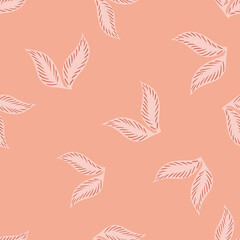 Random seamless pattern with botanic leaf ornament. Pink pastel background. Organic foliage silhouettes.