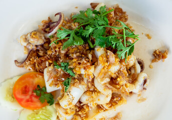 Fried Squid with garlic and Thai herb