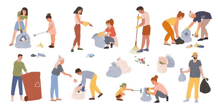 People collect trash. Men, women and kids gathering garbage in containers or bags. Volunteers collecting plastic waste together vector set. Young activists protecting environment, saving planet