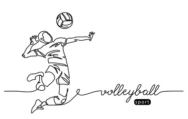 Volleyball player. Male jumps in attack. Playing volley simple vector background, banner, poster. One line drawing art illustration of volleyball player