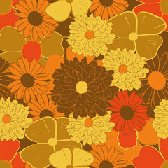 Yellow, orange and brown vintage flowers seamless background