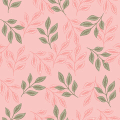Fototapeta premium Spring seasonal seamless pattern with random leaf foliage shapes print. Pink background. Organic backdrop.