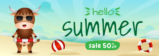 summer sale banner with a cute buffalo using lifebuoy ring