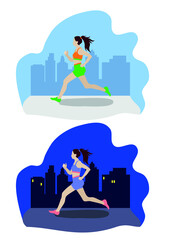 Fototapeta premium Happy woman running around the city, a conceptual illustration of a healthy lifestyle, sports, exercise.Vector illustration in a flat style.