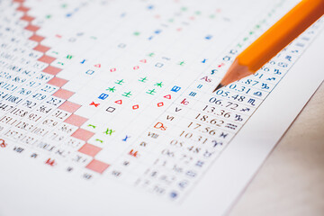 Modern astrologer's desktop. Hand with a pencil. Astrological charts and tables with the...