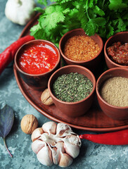 Pepper, paprika, basilik.Georgian food. Georgian spices on a plate.
