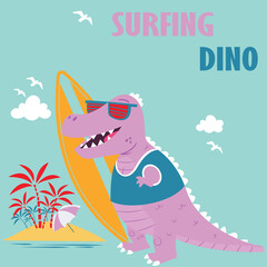Cool dinosaur surfing in the beach cartoon vector illustration