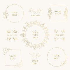 Elegant set of golden botanical frames. Wedding borders with plants, flowers, leaves, herbs. Vector isolated illustration.