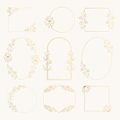 Collection of golden floral frames. Circle, oval, square borders. Wedding vintage design elements. Vector isolated illustration.