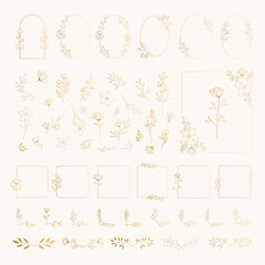 Big set of hand drawn botanical design elements. Vintage wedding flowers, frames, borders and corners. Vector gold illustration. 