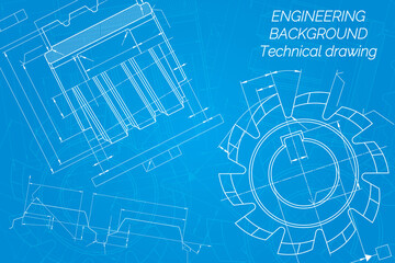 Mechanical engineering drawings on blue background. Cutting tools, milling cutter. Technical Design. Cover. Blueprint. Vector illustration.