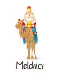 Wise man Melchior on camel celebrate Epiphany - vector illustration isolated on transparent background